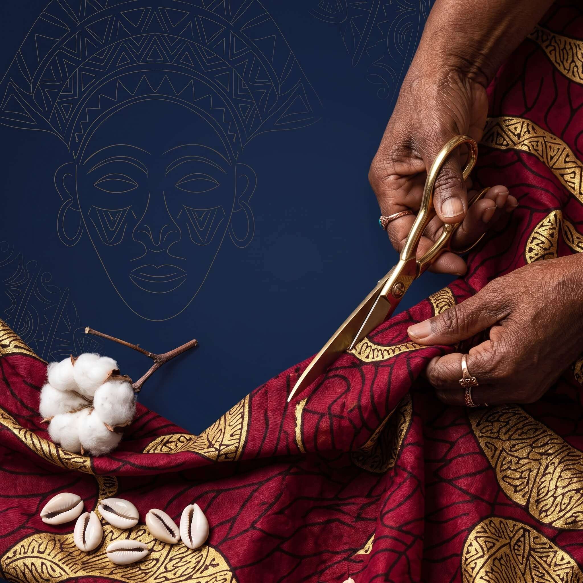 Mãos cortando um tecido africano vermelho de estampa dourada com uma tesoura dourada, ao lado de um ramo de algodão e búzios, sobre fundo azul-marinho.
